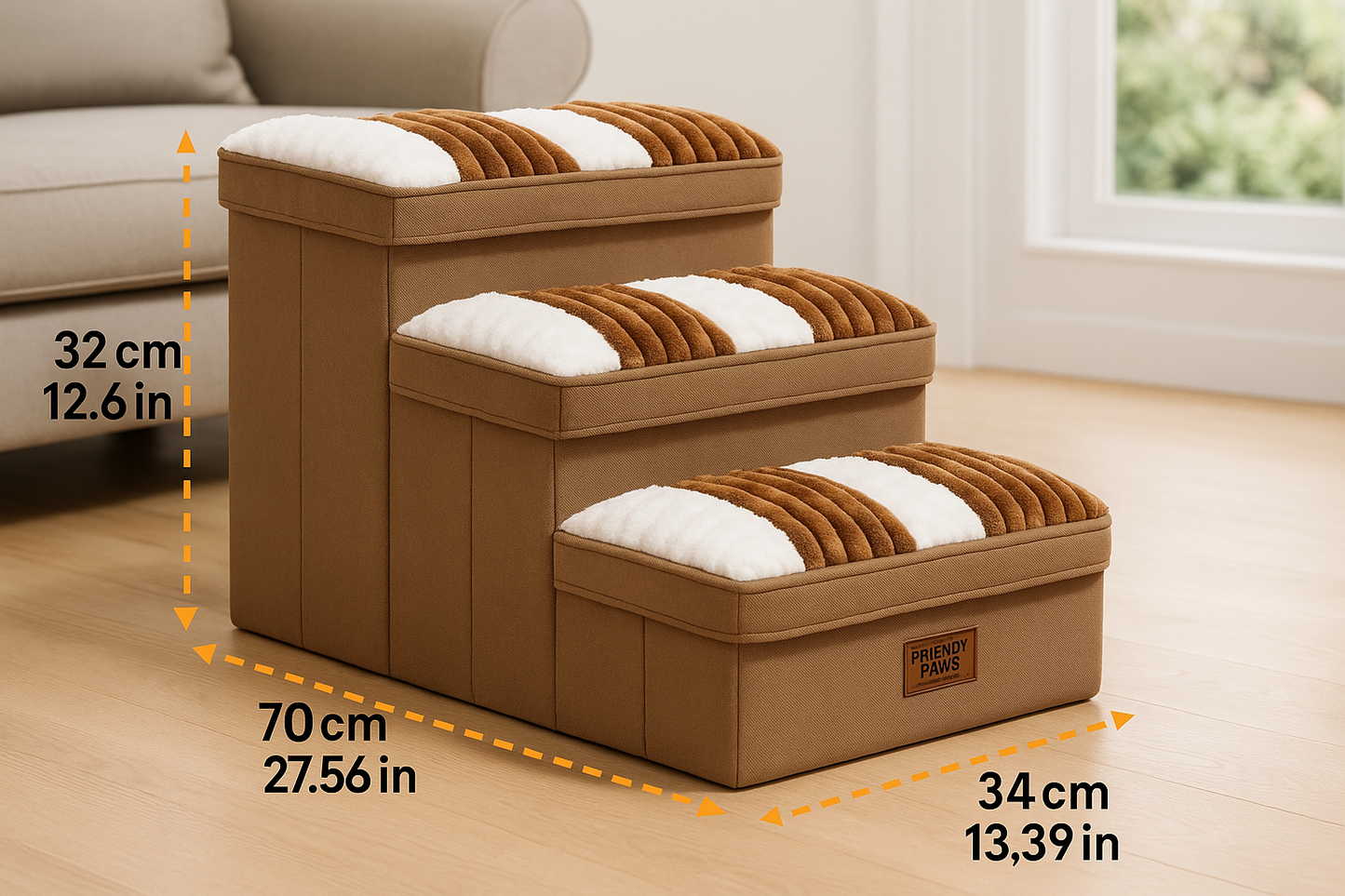 Stylowe ręcznie wykonane schodki dla psa z wzorem w kratkę i przestrzenią do przechowywania