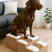 Stylowe ręcznie wykonane schodki dla psa z wzorem w kratkę i przestrzenią do przechowywania