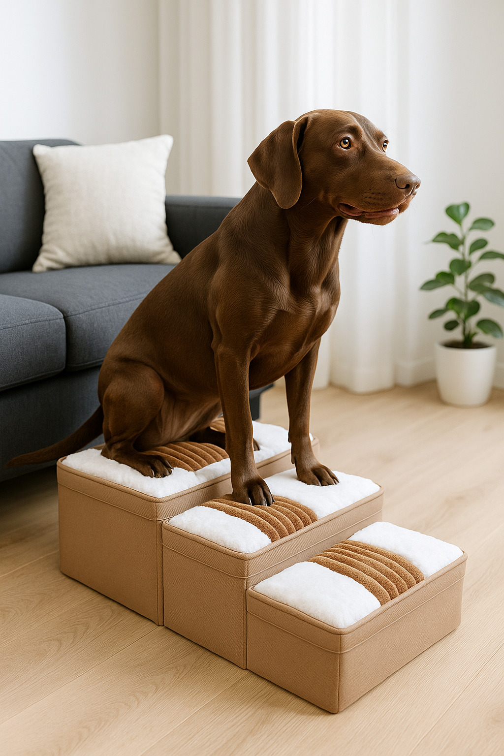 Stylowe ręcznie wykonane schodki dla psa z wzorem w kratkę i przestrzenią do przechowywania