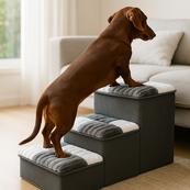 Stylowe ręcznie wykonane schodki dla psa z wzorem w kratkę i przestrzenią do przechowywania