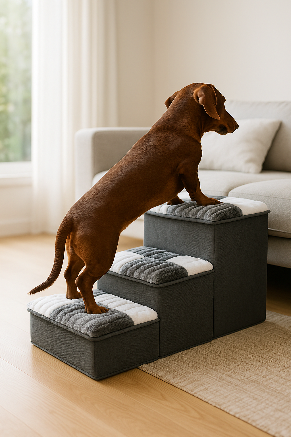 Stylowe ręcznie wykonane schodki dla psa z wzorem w kratkę i przestrzenią do przechowywania