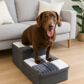 Stylowe ręcznie wykonane schodki dla psa z wzorem w kratkę i przestrzenią do przechowywania