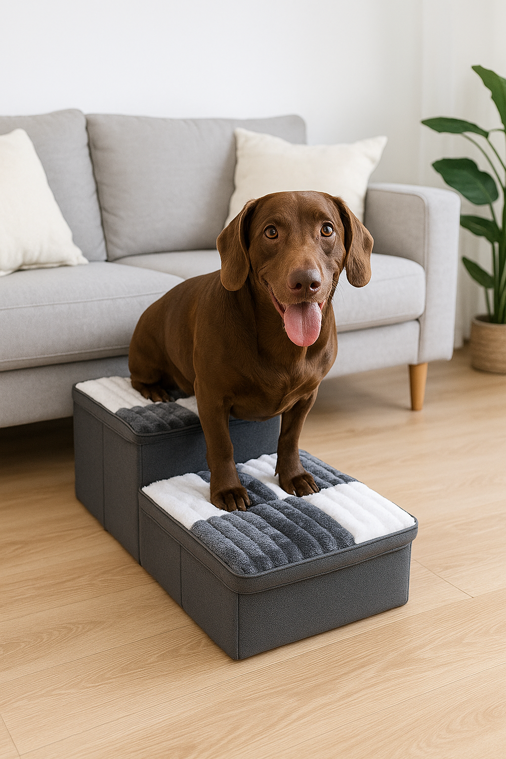 Stylowe ręcznie wykonane schodki dla psa z wzorem w kratkę i przestrzenią do przechowywania