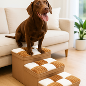 Stylowe ręcznie wykonane schodki dla psa z wzorem w kratkę i przestrzenią do przechowywania