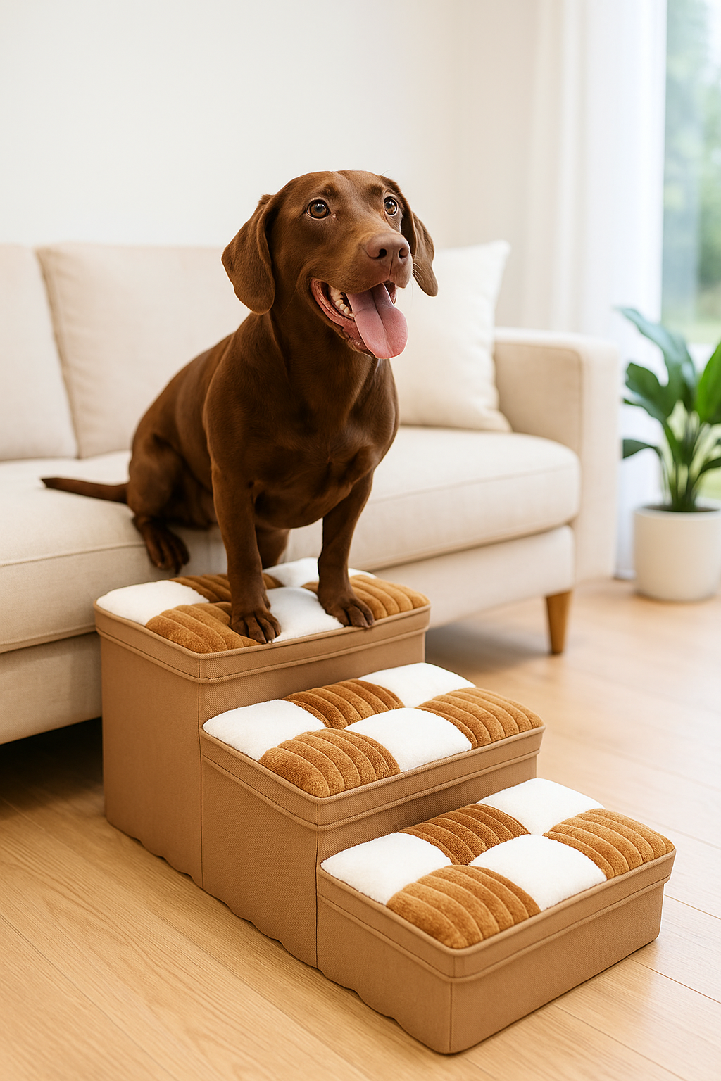 Stylowe ręcznie wykonane schodki dla psa z wzorem w kratkę i przestrzenią do przechowywania