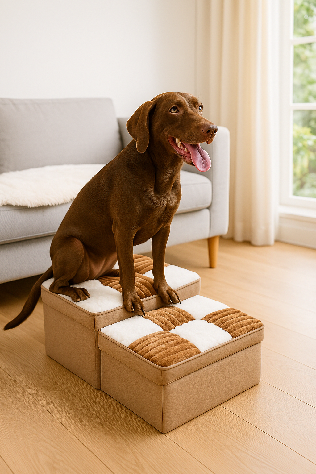 Stylowe ręcznie wykonane schodki dla psa z wzorem w kratkę i przestrzenią do przechowywania